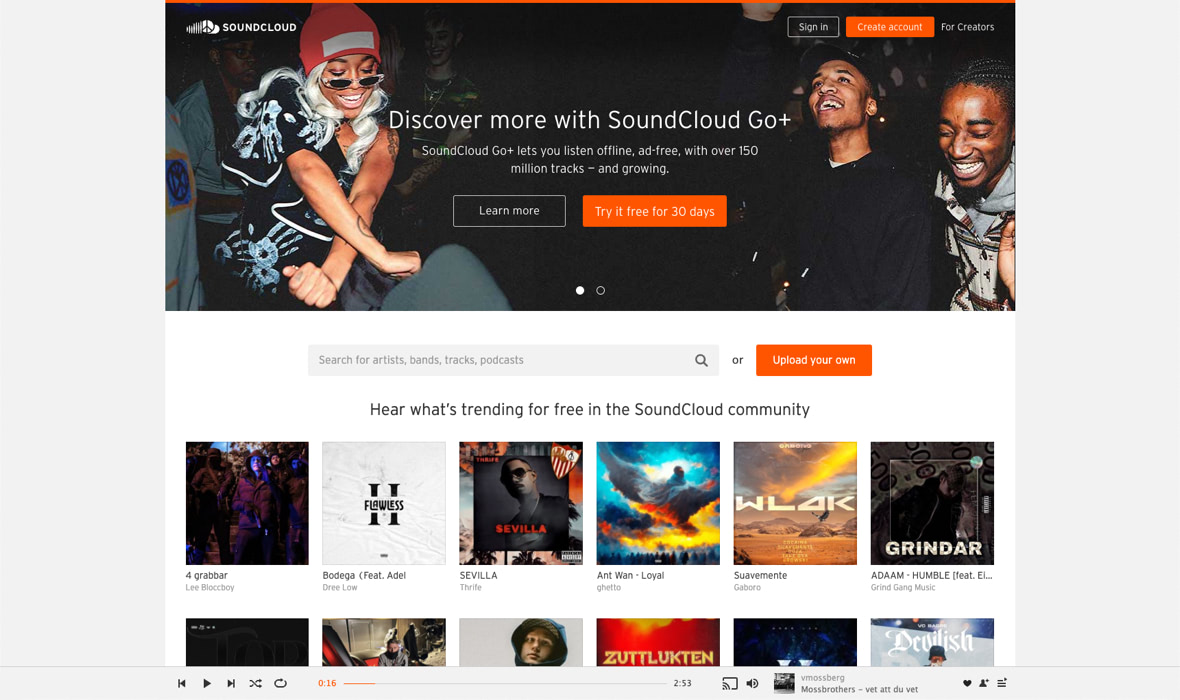 Soundcloud - Orange färg kan väcka vår uppmärksamhet och uppmana till interaktion och call-to-action-knappar - Limetta Digitalbyrå