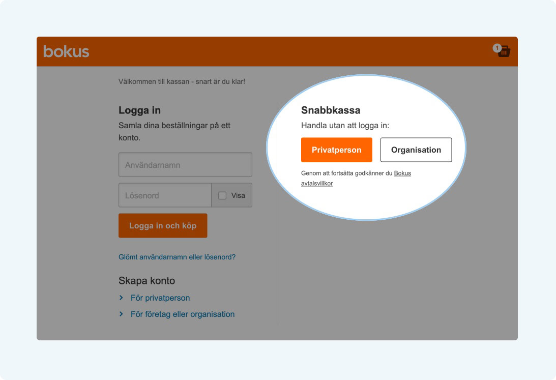 E-handelskunder: Engångshandlaren (One-Time Shoppers). Bokus erbjuder sina besökare snabbkassa utan inloggning
