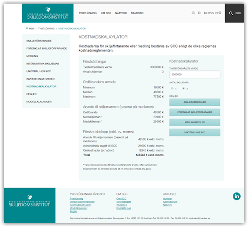 Skiljedomsinstitutet, Kostnadskalkylator, Limetta Skiljedomsinstitutet, Kostnadskalkylator, Limetta