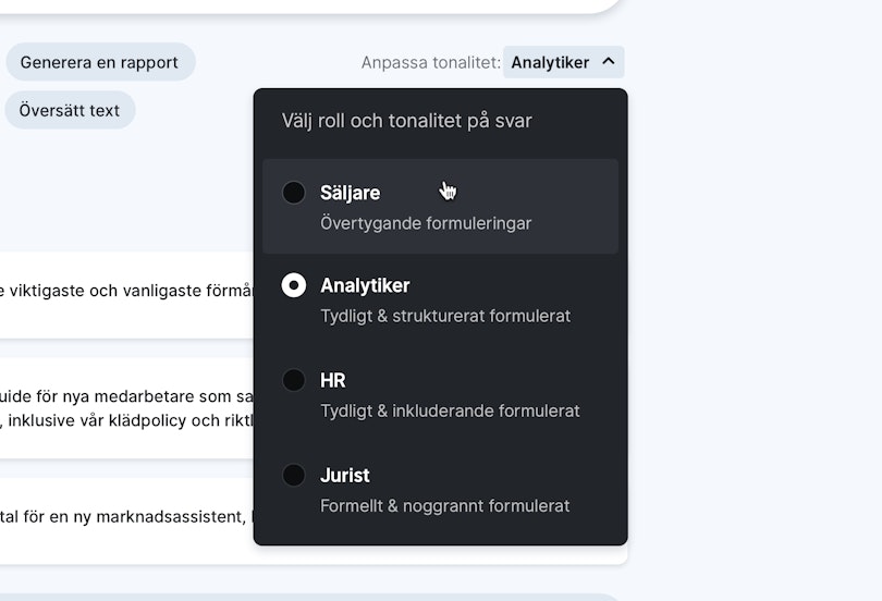 I AI-appen kan du välja roll och tonalitet på svar