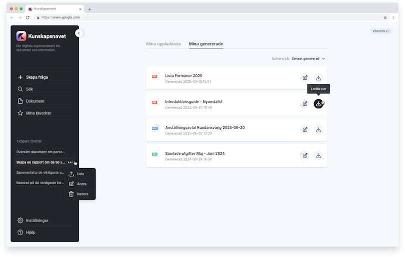 AI-appen kan skapa rapporter och sammanfattningar baserat på organisationens dokument