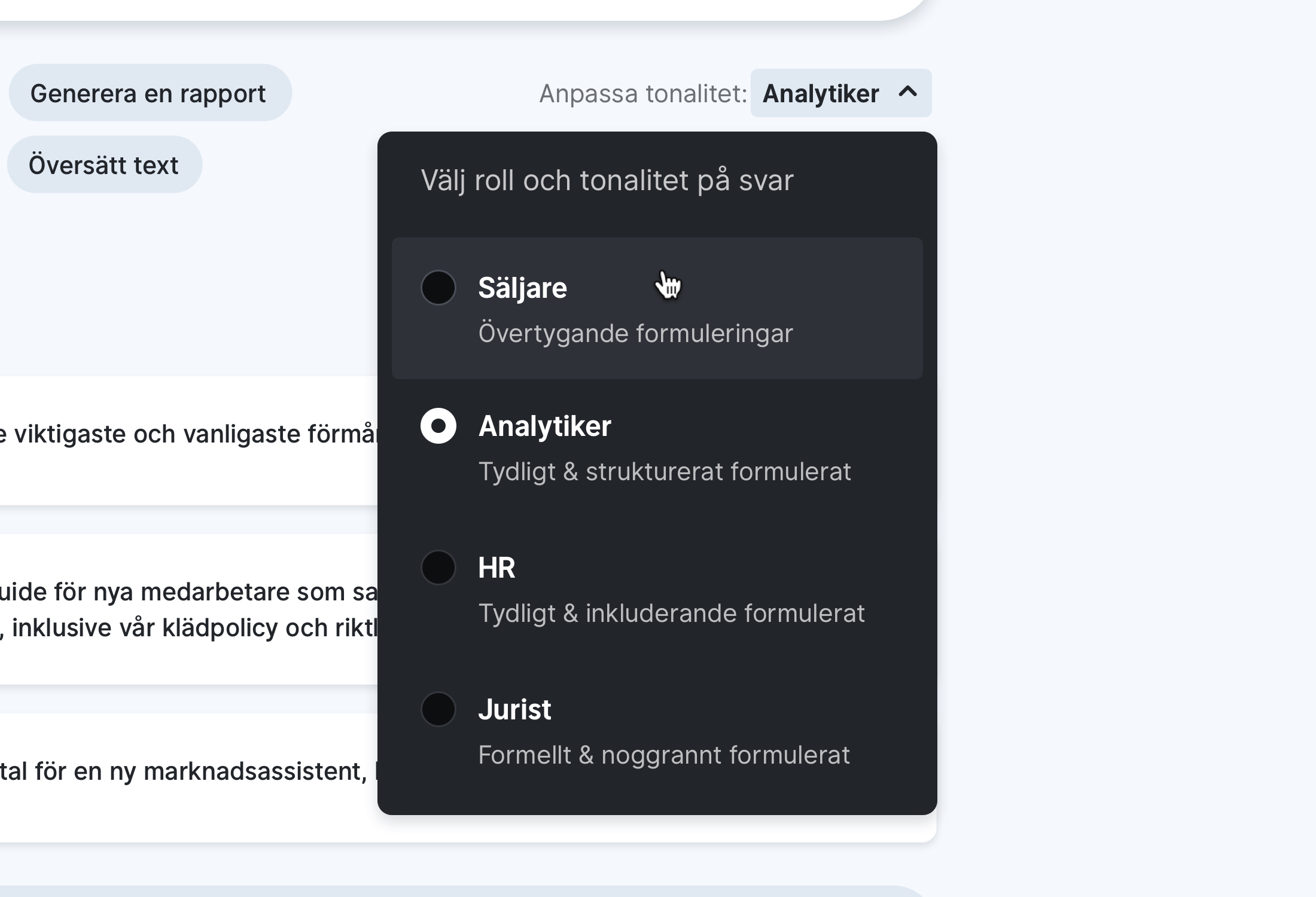 I AI-appen kan du välja roll och tonalitet på svar