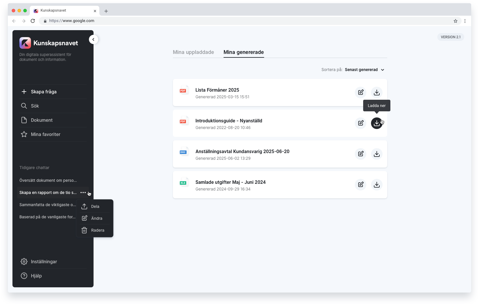 AI-appen kan skapa rapporter och sammanfattningar baserat på organisationens dokument